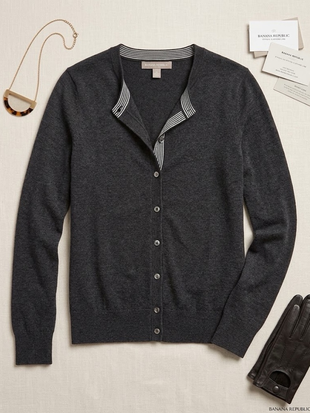 Banana Republic Dark Charcoal Crewneck Button 3/4 Sleeve Cardigan